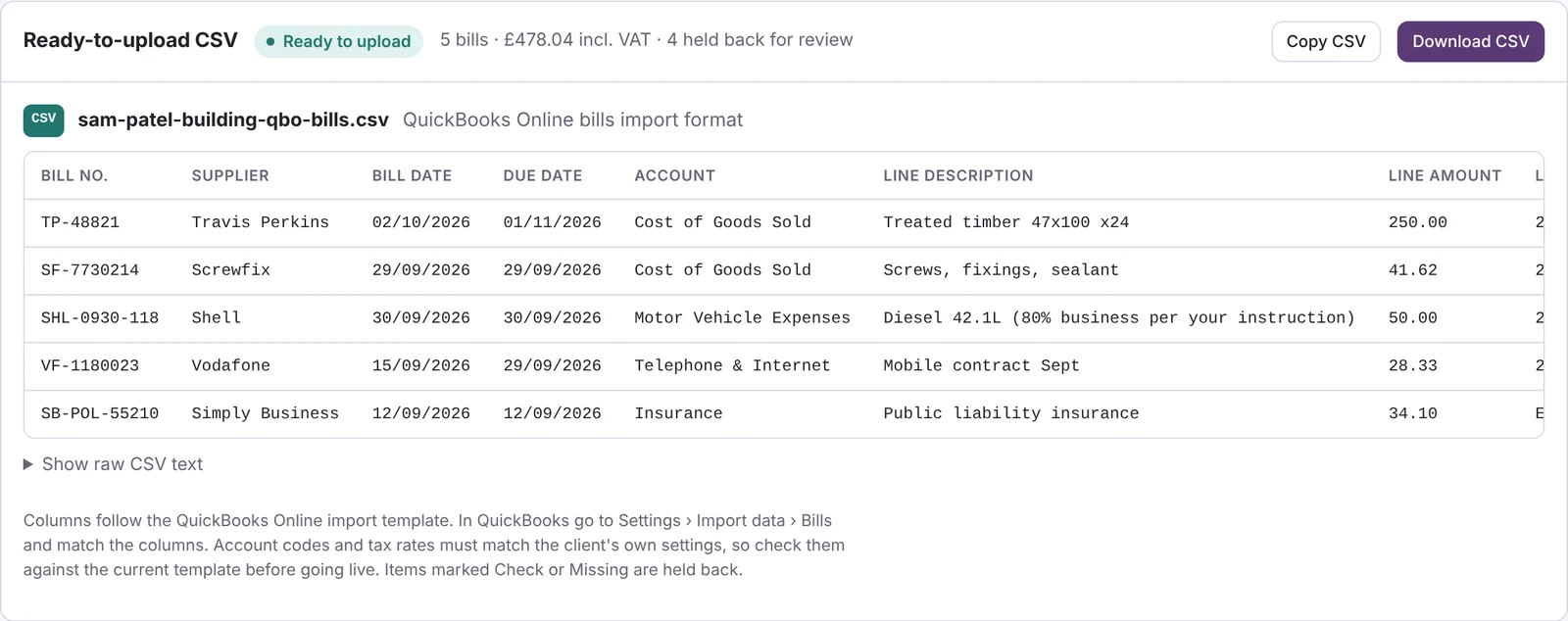 Demo screen: a ready-to-upload CSV of five approved bills for Sam Patel Building, with Copy and Download buttons